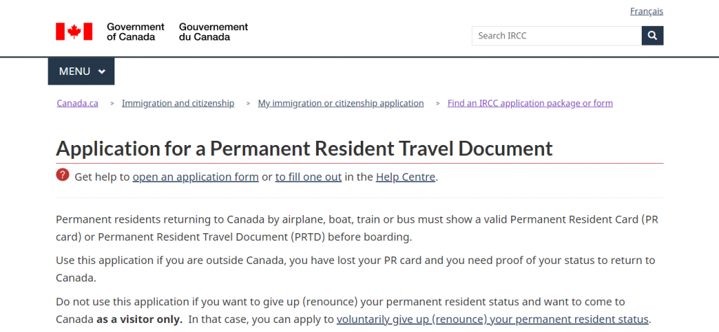 apply pr travel document canada